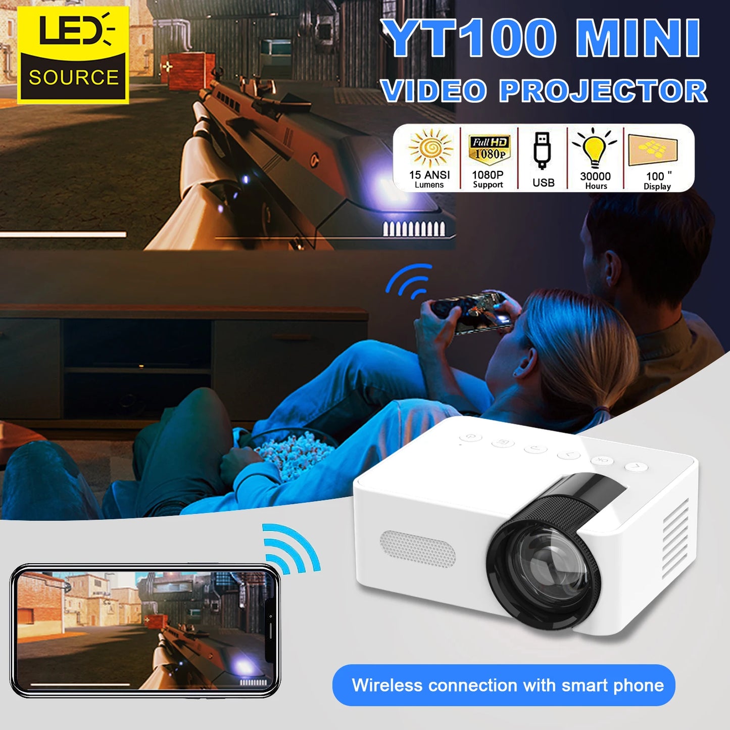 Mini Portable Projector YT100 Full HD Mobile Video Wifi Smart Home Theater Wireless Same Screen IOS/Android Wifi